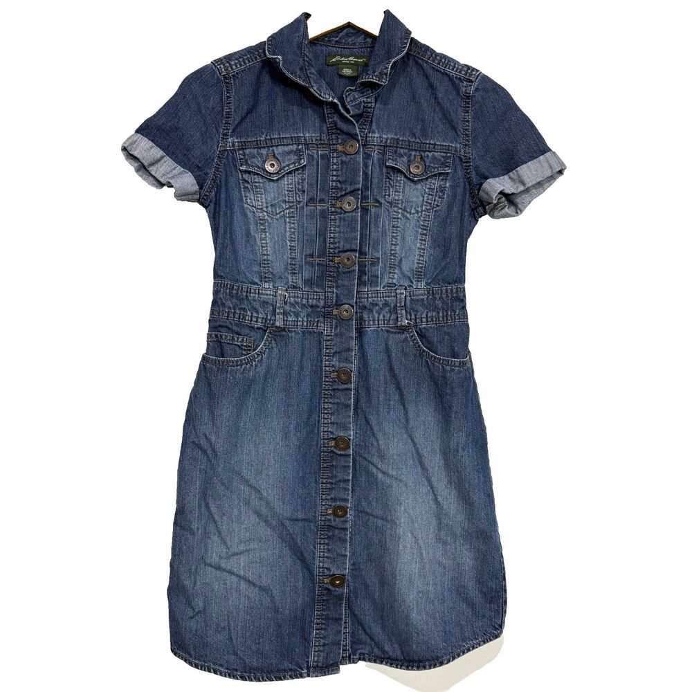 Eddie Bauer Denim Mini Dress Short Sleeve Jean Cotton Tencel Petite Size 2 Small